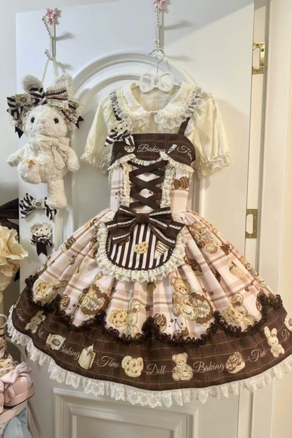 ベアティーパーティーロリータドレス+ジャンパースカート+シャツ+カチューシャ+ブローチ+エプロン