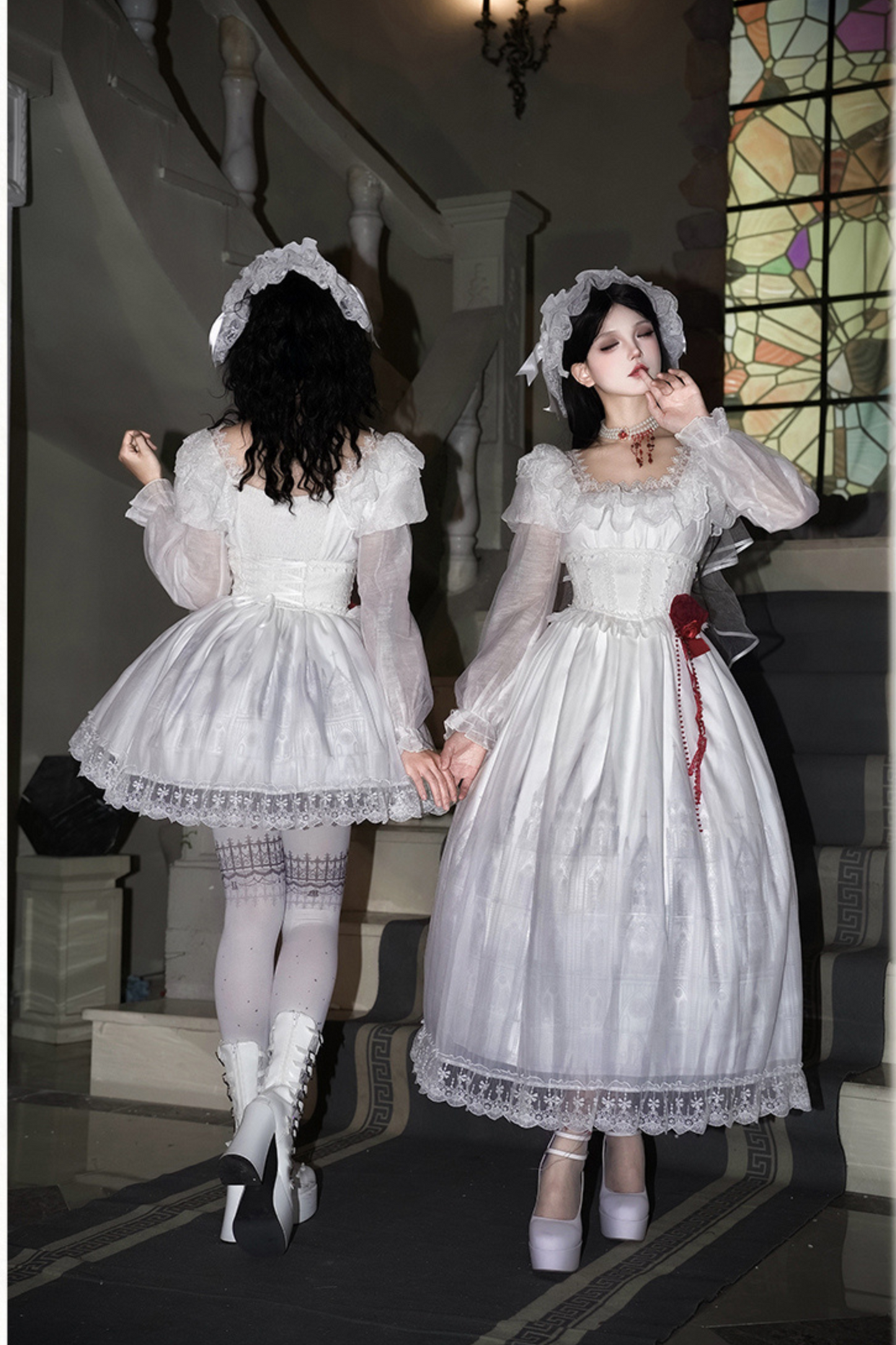 ゴシックツインズロリータドレス＋ハンドスリーブ＋ネックレス＋ヘッドバンド＋ベール＋コルセット＋取り外し可能カーテン＋コサージュ