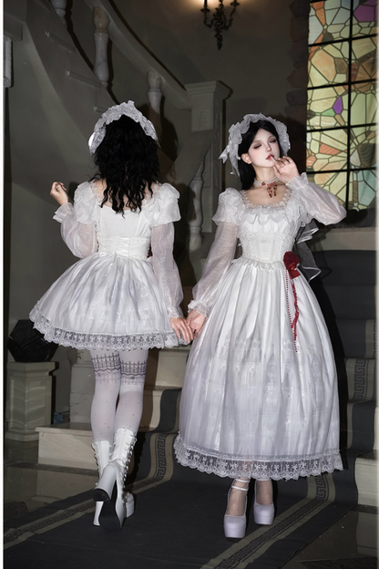 ゴシックツインズロリータドレス＋ハンドスリーブ＋ネックレス＋ヘッドバンド＋ベール＋コルセット＋取り外し可能カーテン＋コサージュ