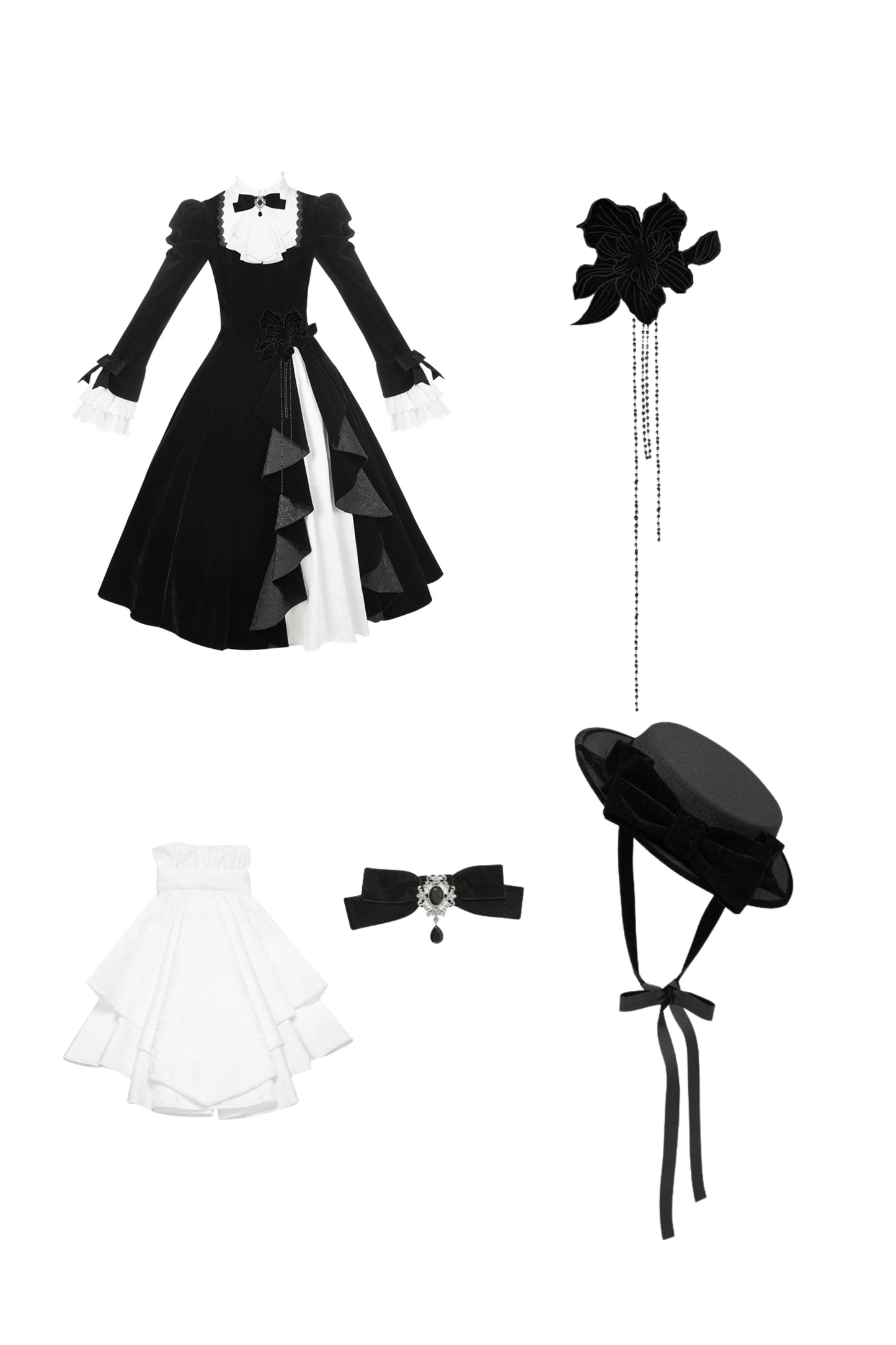 エレガントスリムコントラストカラーツインドレス+カラー+リボン+ブローチ+ハット