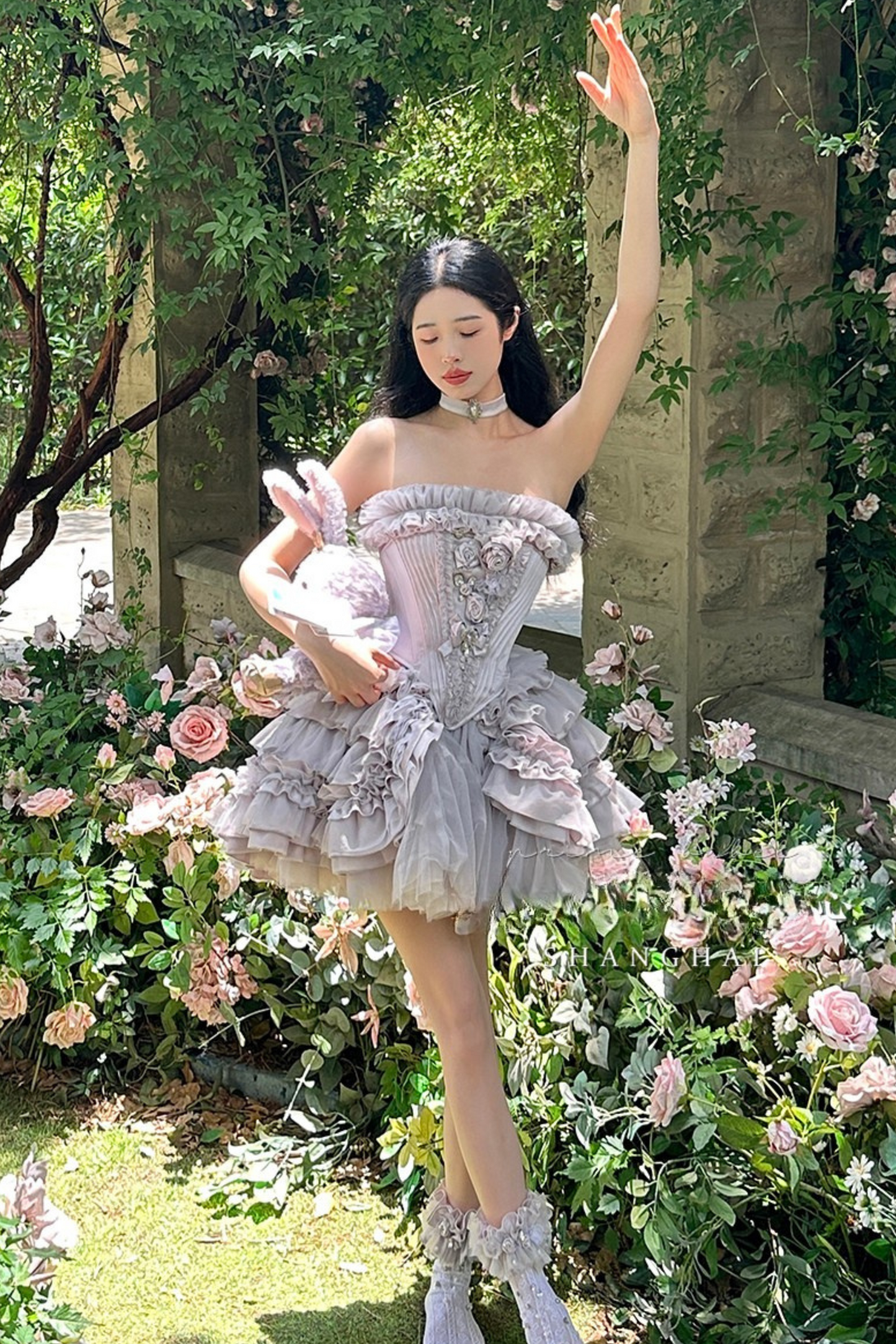 ビクトリアフラワーチューブトップス＋ショートスカート＋ロングスカート＋ガーゼスカート＋アームリング＋チョーカー