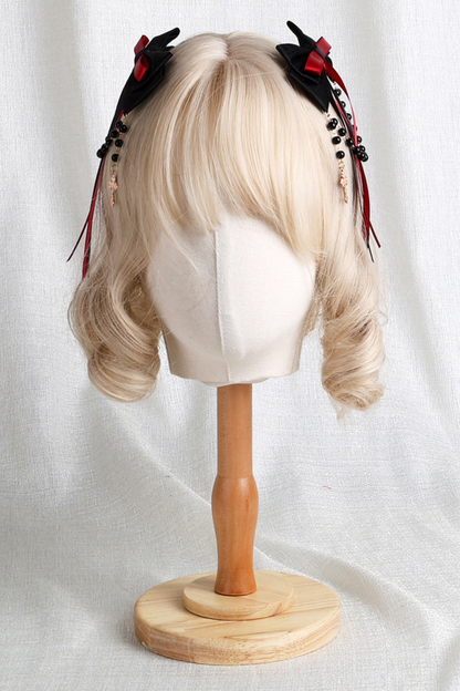 Dark Frilled Lolita Hairband + Flat Hat + Hat Clip + Ribbon Clip + Sleeve