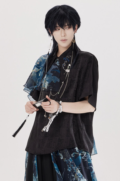 ダークチャイナシャツ+ワイドレッグパンツ+チェーン+ベルト