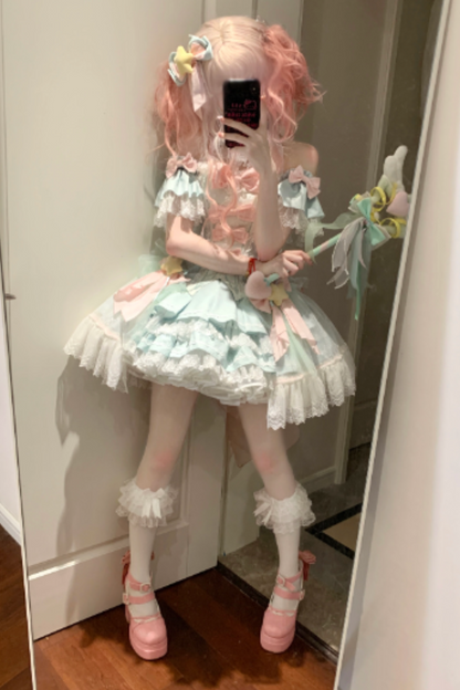 魔法妖精スパークリングウォーターロリータトップス+スカート+ヘアクリップ+テール+魔法ステッチ