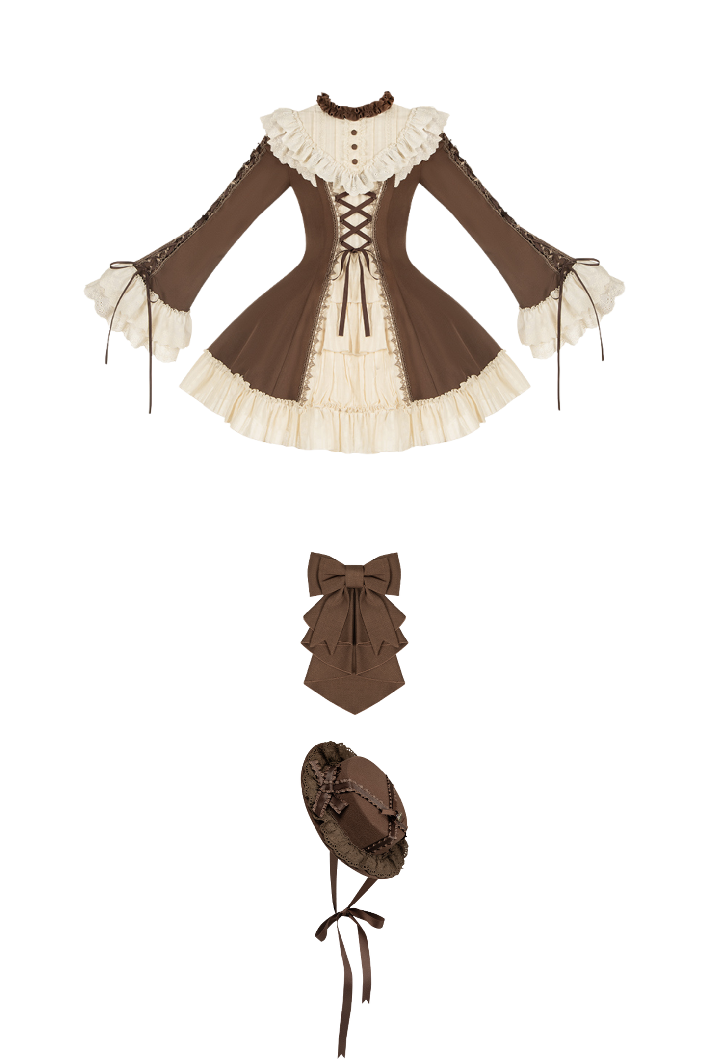 レーススタンドカラーフレアスリーブツインドールロリータドレス+カラー+ハット