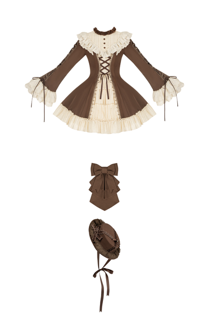 レーススタンドカラーフレアスリーブツインドールロリータドレス+カラー+ハット