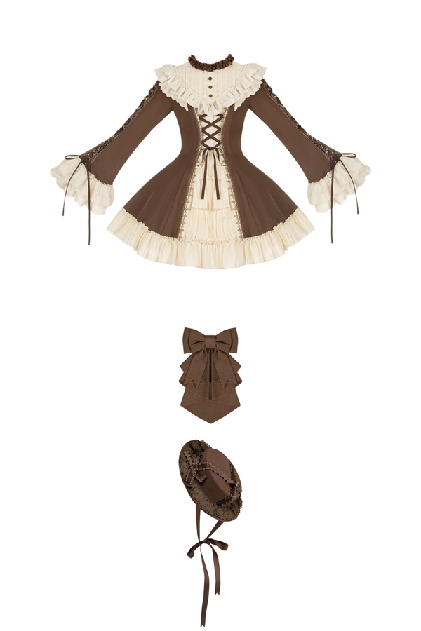 レーススタンドカラーフレアスリーブツインドールロリータドレス+カラー+ハット