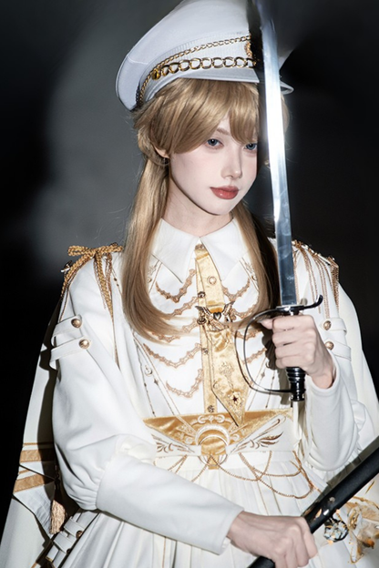 [Pre-order Deadline: November 16] Holy Army White Gold Embroidery Military Uniform Cape Dress Complete Set + Dress Set