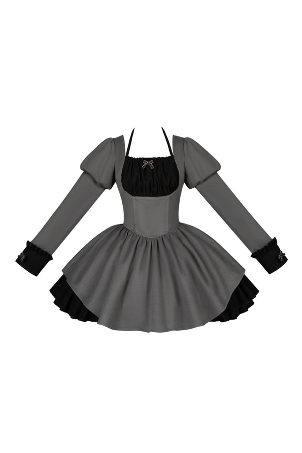 Twin Ruffle Maid Lolita Dress + Apron + Choker + Headband + Ribbon + Leg Covers