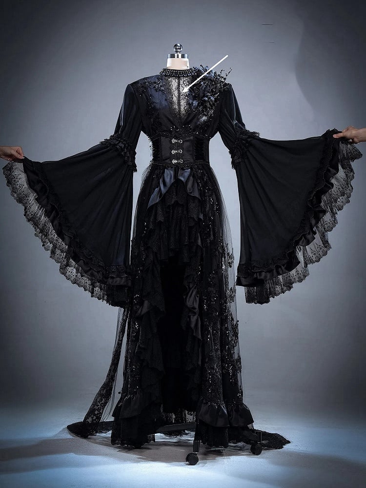 [Date limite de réservation : 8 juillet] Hauts en dentelle florale transparente gothique victorienne blanc/noir + jupe asymétrique en dentelle superposée (avec short intérieur)