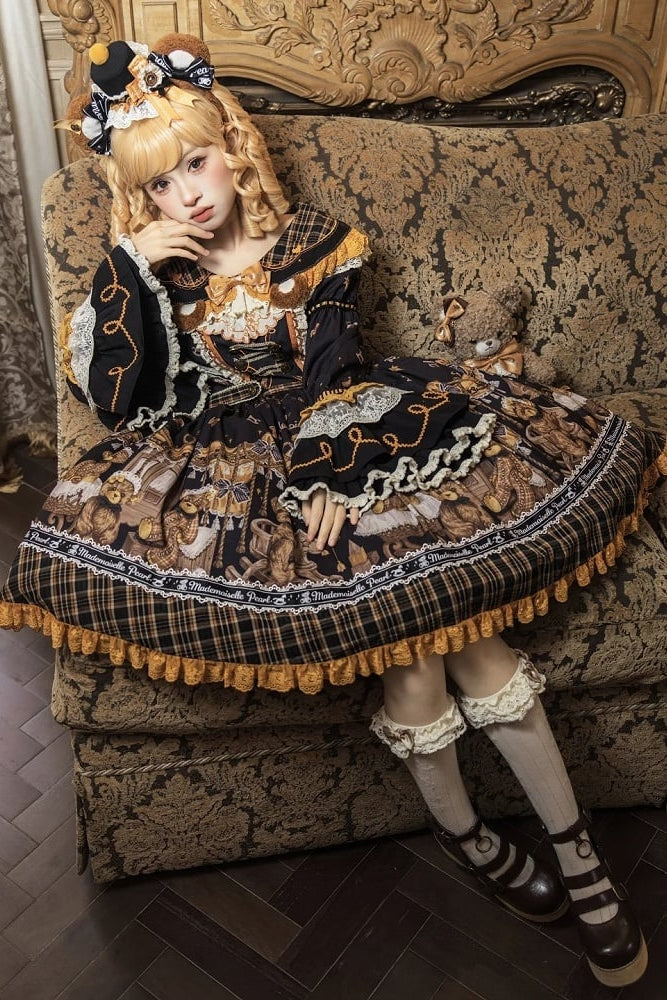 [Reservierungsschluss 8. September] Classic Bear Lolita-Stufenkleid mit weißem Kragen, Karomuster, Spitze und Schleife+Vintage-JSK-Kleid mit Teddybär-Print und Spitze+Vintage-Lolita-Kleid mit Teddybär-Print, Karokragen und klassischem Karomuster