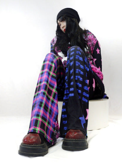 Asymmetrical Skull Check Street Mop Loose Wide Leg Pants