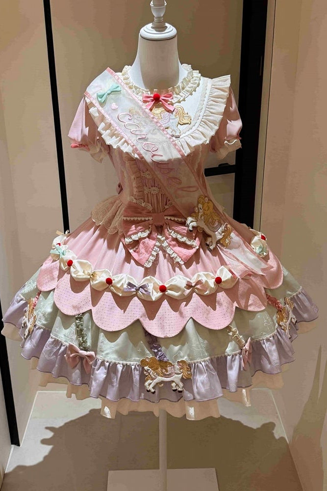 【8月20日予約締切】ピンク×パステルスイートロリータエンブロイダリーフリルリボンティアードドレス