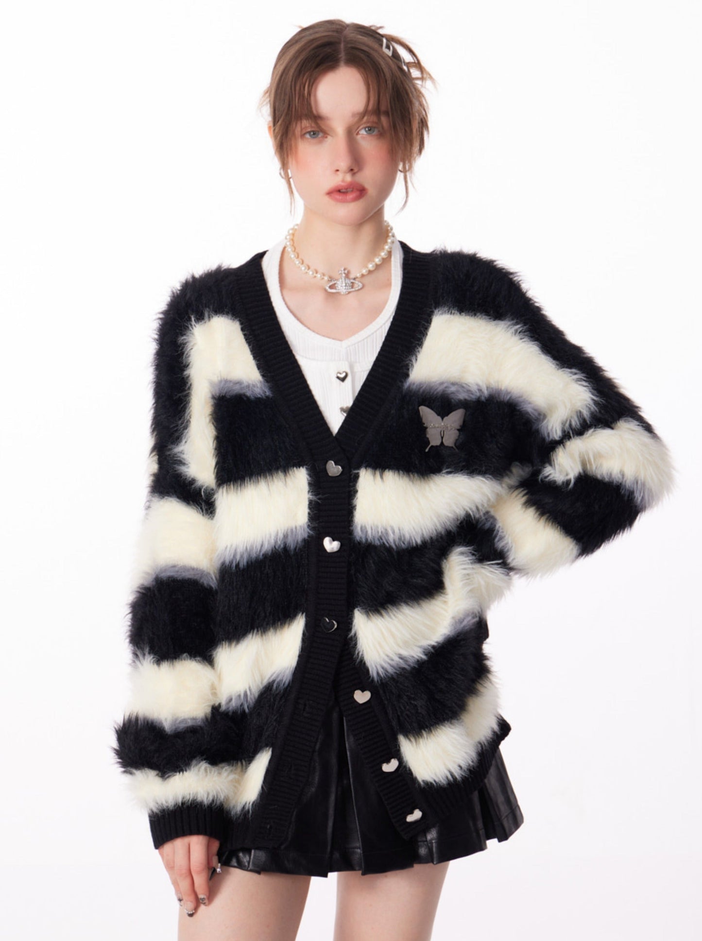 Butterfly Striped Fur Knit Cardigan