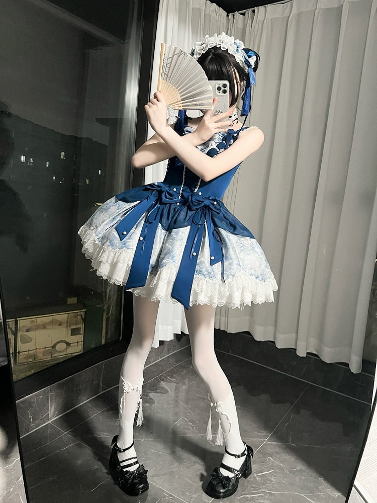 【5月6日予約締切】ダークブルームーンライトシーエレガントレースリボンレイヤードドレス＋アクセサリー