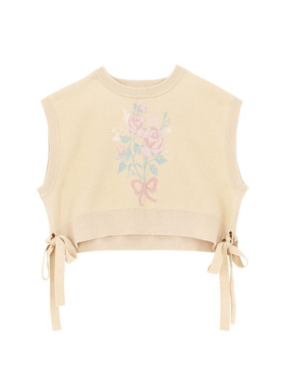 イエロージャカードニットセーター＋リボンニットスカート＋ベスト