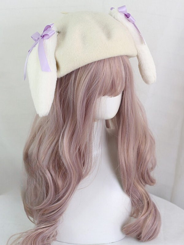 Fur Ribbon Colorful Bunny Beret