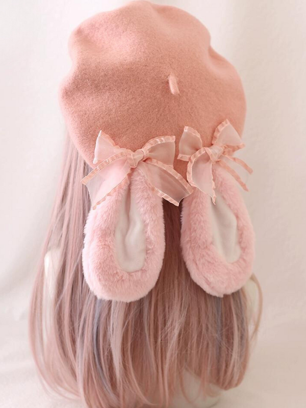Fur Bunny Ear Ribbon Beret