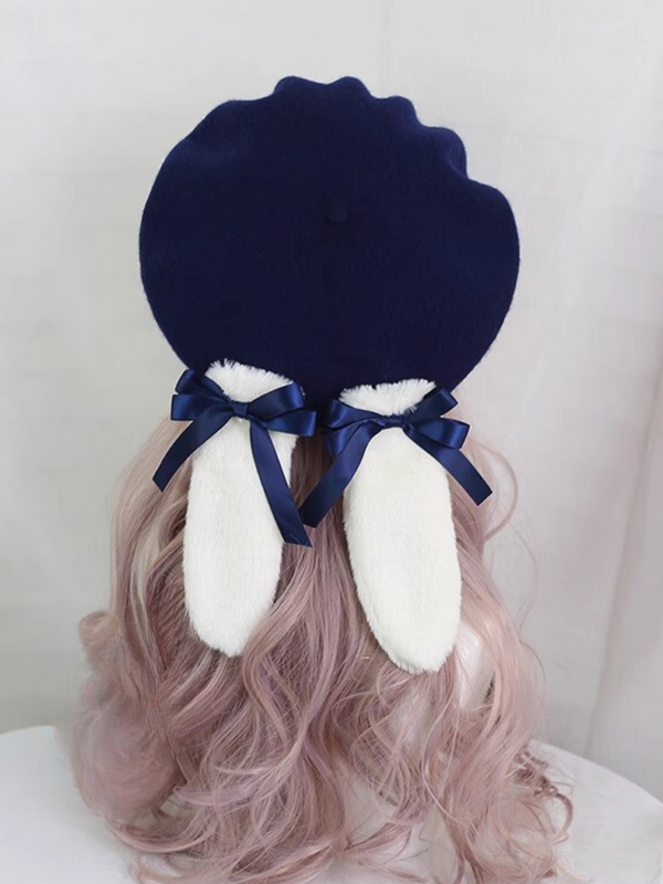 Fur Ribbon Colorful Bunny Beret