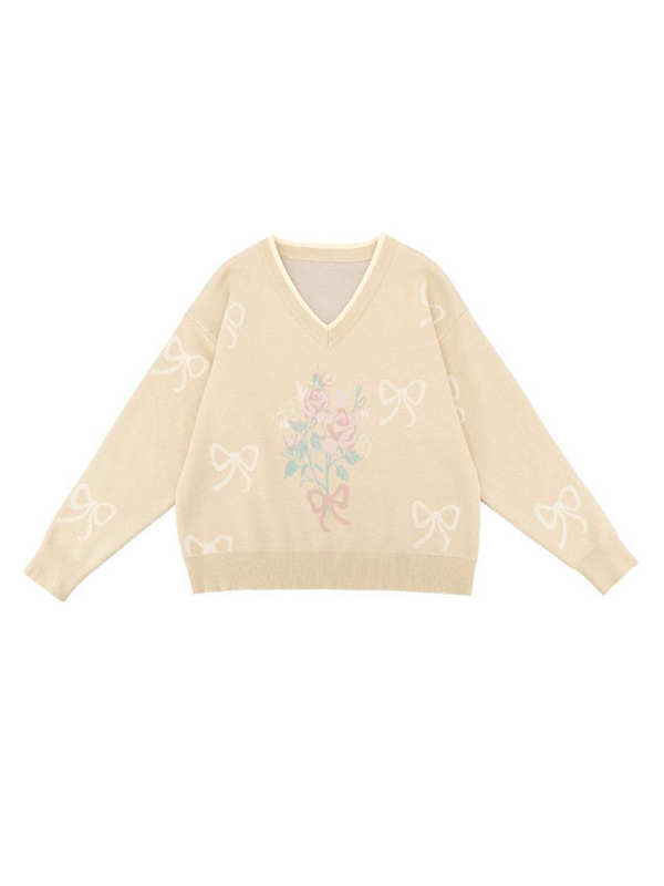 イエロージャカードニットセーター＋リボンニットスカート＋ベスト