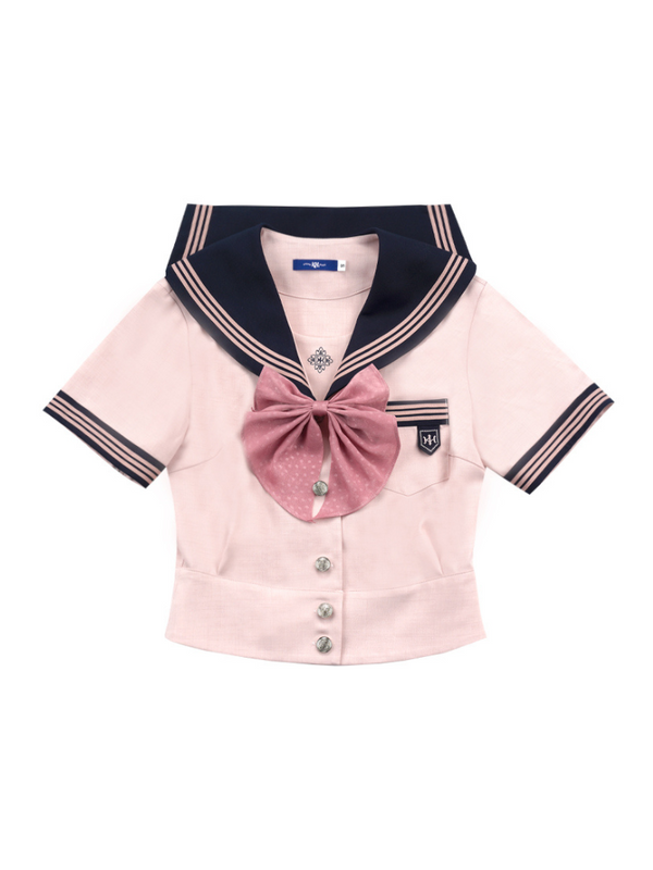 College Sailor Top + High Waist Slim A-Line Skirt