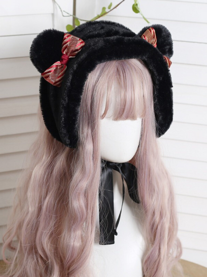 Lolita Brown Bear Check Ribbon Velvet Earmuff Hat