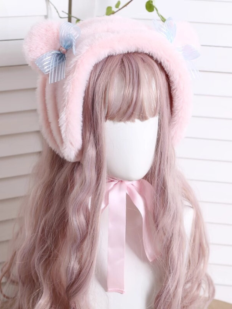 Lolita Brown Bear Check Ribbon Velvet Earmuff Hat