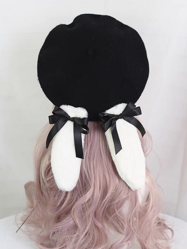 Fur Ribbon Colorful Bunny Beret