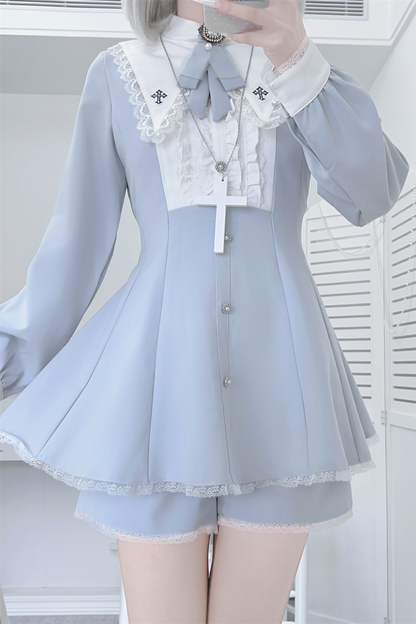 Cross Ruffle Collar Peplum Top + Shorts