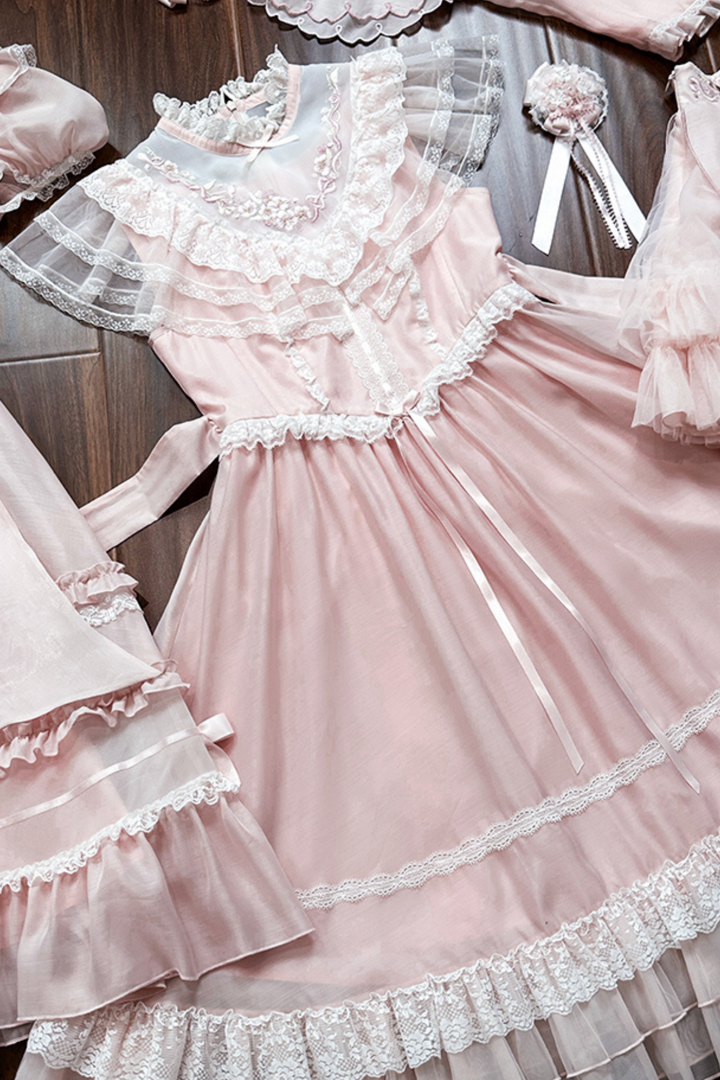 Cherry blossom color sweet princess Lolita dress + doll color top + sheer cardigan + apron