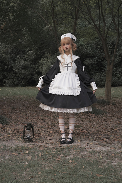 ランタンエンジェルメイドロリータドレス＋エプロン＋つけ襟