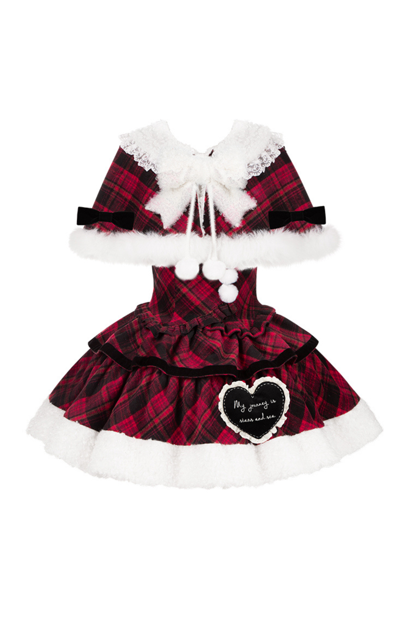 チェックドールジャンパースカート+リボンブローチ+ピン+ラブブローチ+ショール+トップス+レッグカバー