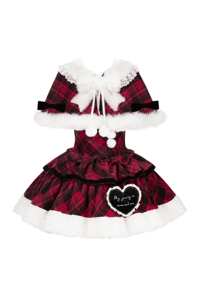 チェックドールジャンパースカート+リボンブローチ+ピン+ラブブローチ+ショール+トップス+レッグカバー