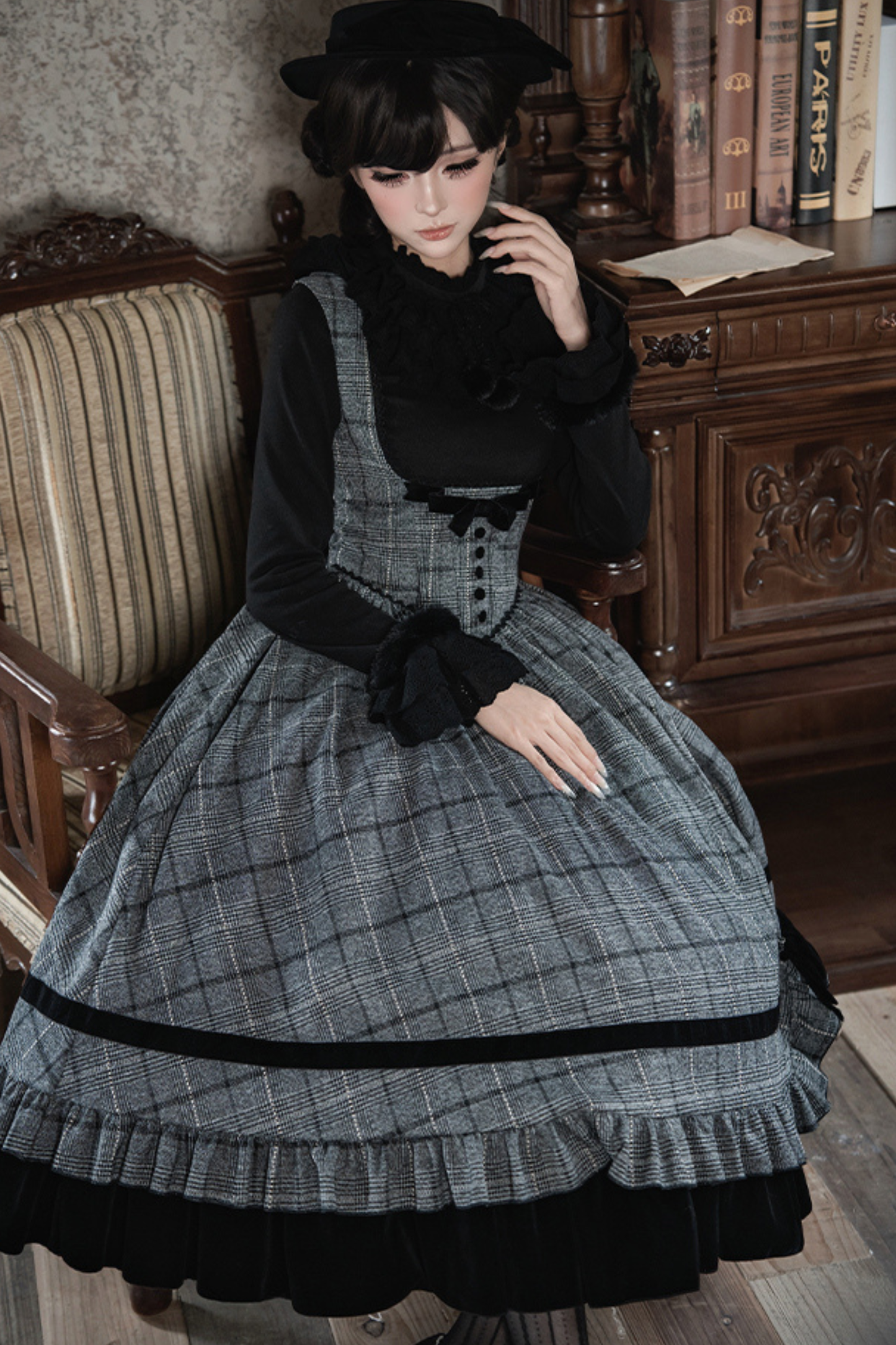 Check Fishbone Chest JSK + Dress + Innerwear + Ribbon + Hat