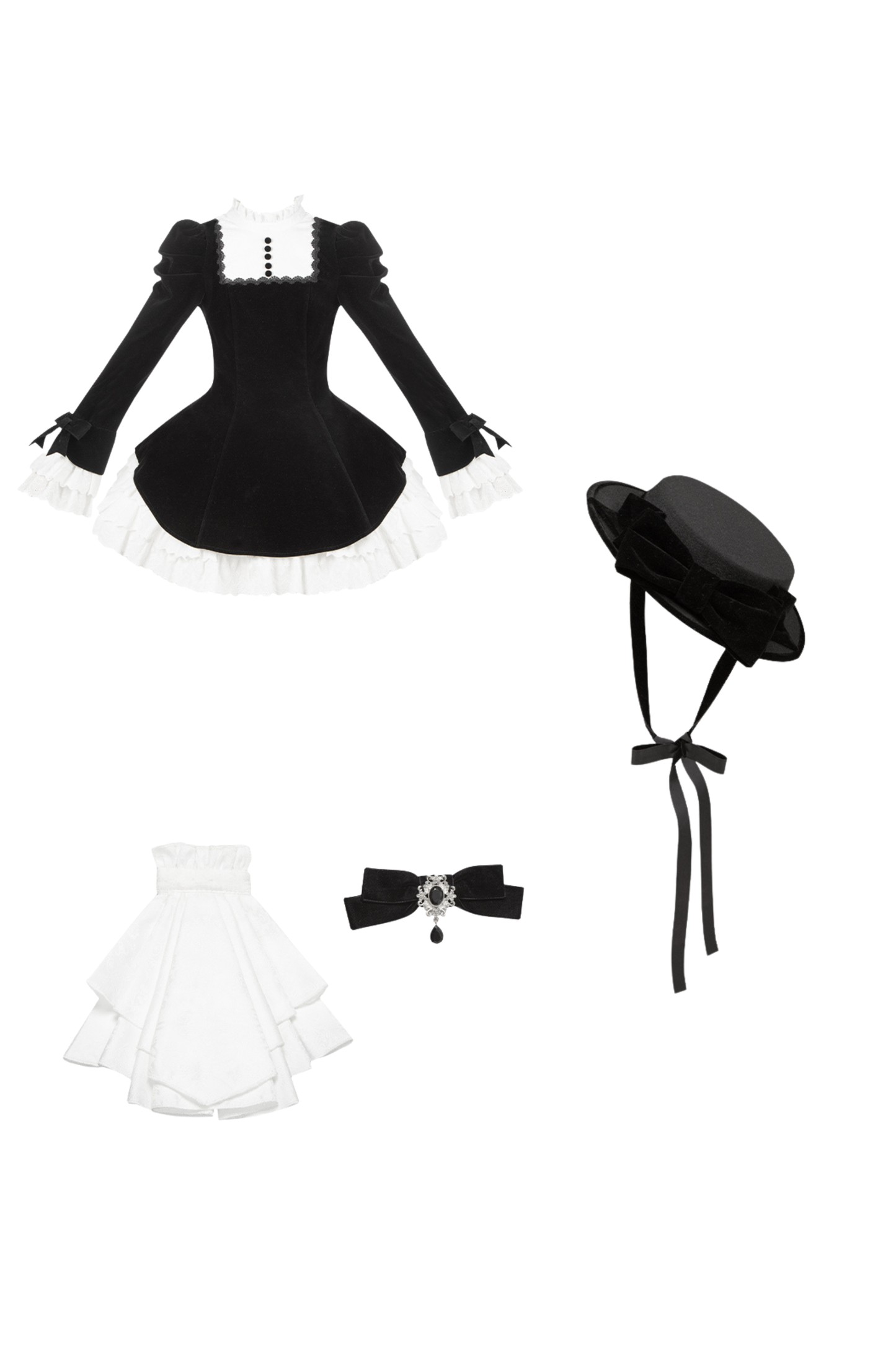 エレガントスリムコントラストカラーツインドレス+カラー+リボン+ブローチ+ハット