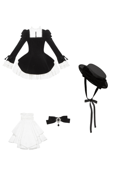 エレガントスリムコントラストカラーツインドレス+カラー+リボン+ブローチ+ハット