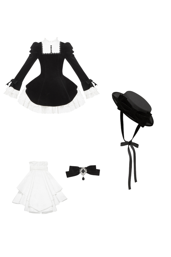 エレガントスリムコントラストカラーツインドレス+カラー+リボン+ブローチ+ハット