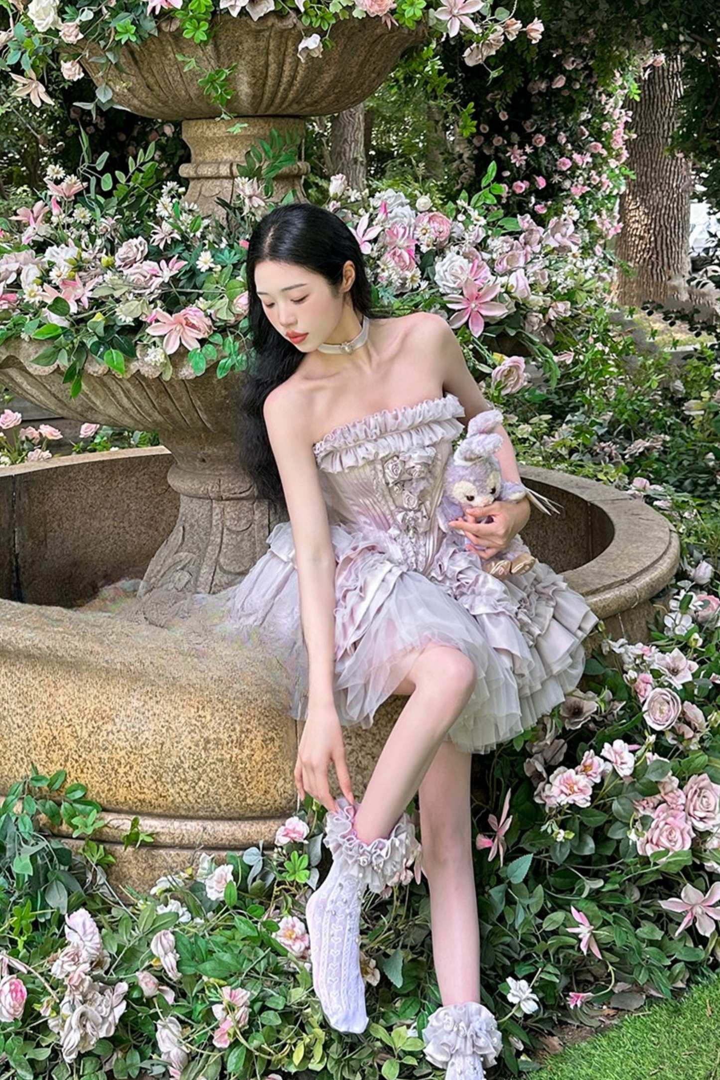 ビクトリアフラワーチューブトップス＋ショートスカート＋ロングスカート＋ガーゼスカート＋アームリング＋チョーカー