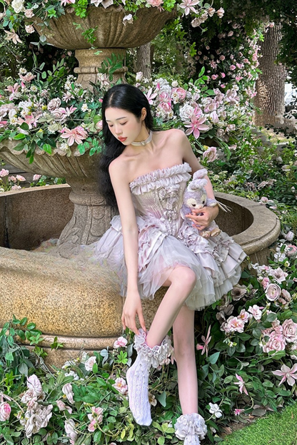 ビクトリアフラワーチューブトップス＋ショートスカート＋ロングスカート＋ガーゼスカート＋アームリング＋チョーカー