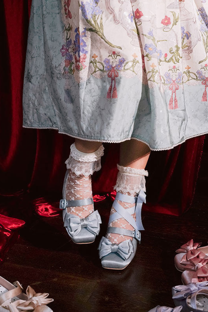 レースアップリボンサテンスクエアトゥシューズ