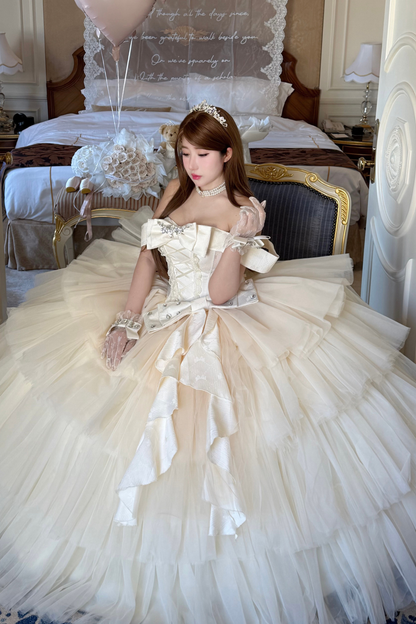 [Vorbestellung bis 31. März] Ewiger Edelstein-Hochzeitsrock + Schal + Ärmel + Schleier + Schleppe