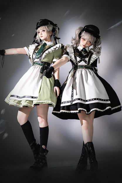 Schwarz-grünes Militär-Maid-Lolita-Kleid Komplettset
