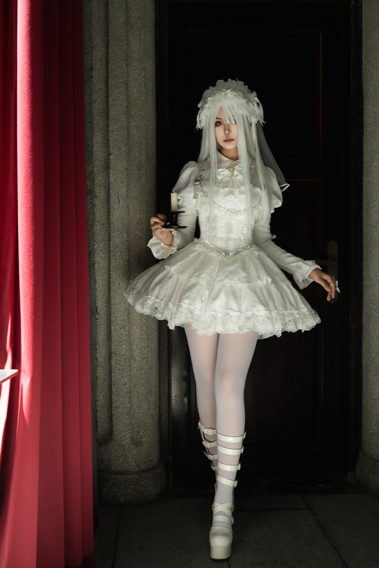 White gothic gemini Lolita dress + corset + ribbon + hair band + veil