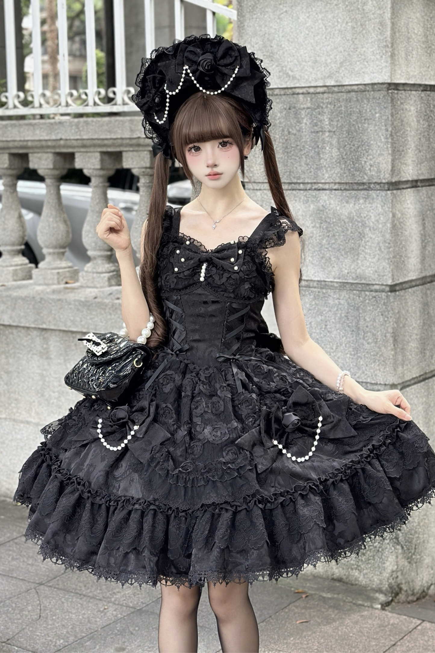 ローズフリルプリンセスジャンパースカート+バッグリボン+ボンネット