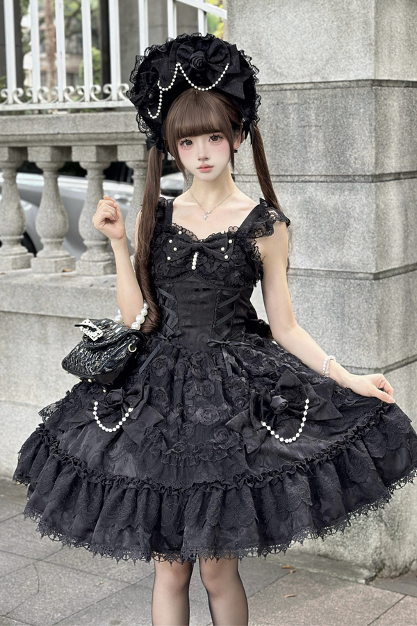 ローズフリルプリンセスジャンパースカート+バッグリボン+ボンネット