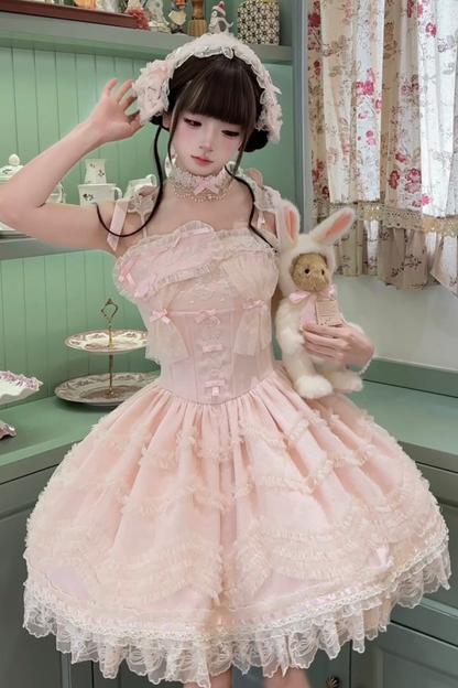 甜美珍妮蘿莉塔吊帶裙+項鍊+帽子+髮帶