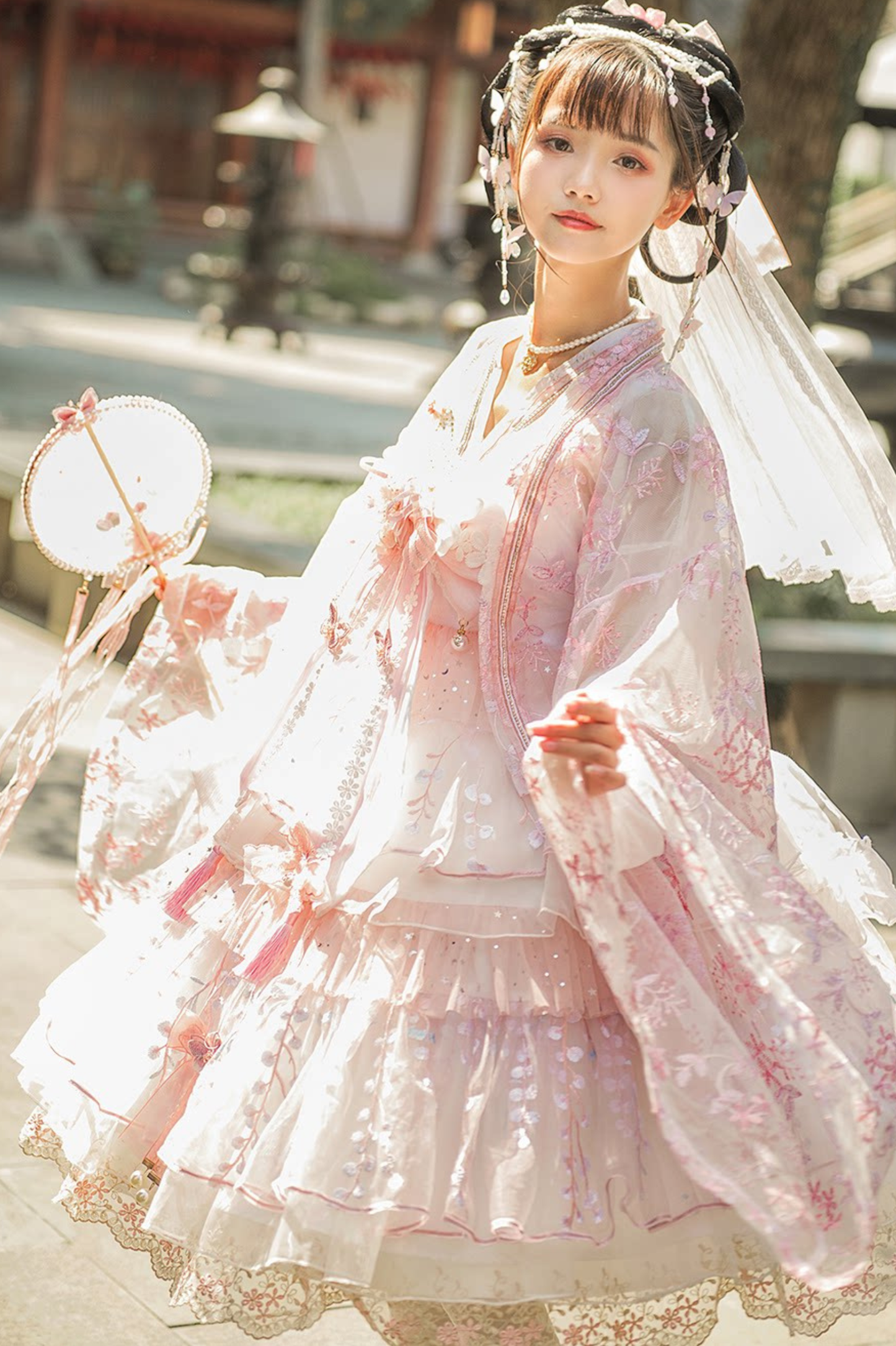 사쿠라 스위트 차이나 로리타 셔츠 + 목걸이 + 리본 + 베일 + 클립