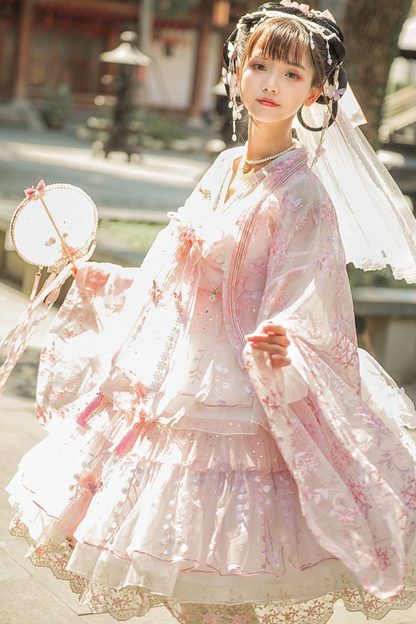 사쿠라 스위트 차이나 로리타 셔츠 + 목걸이 + 리본 + 베일 + 클립