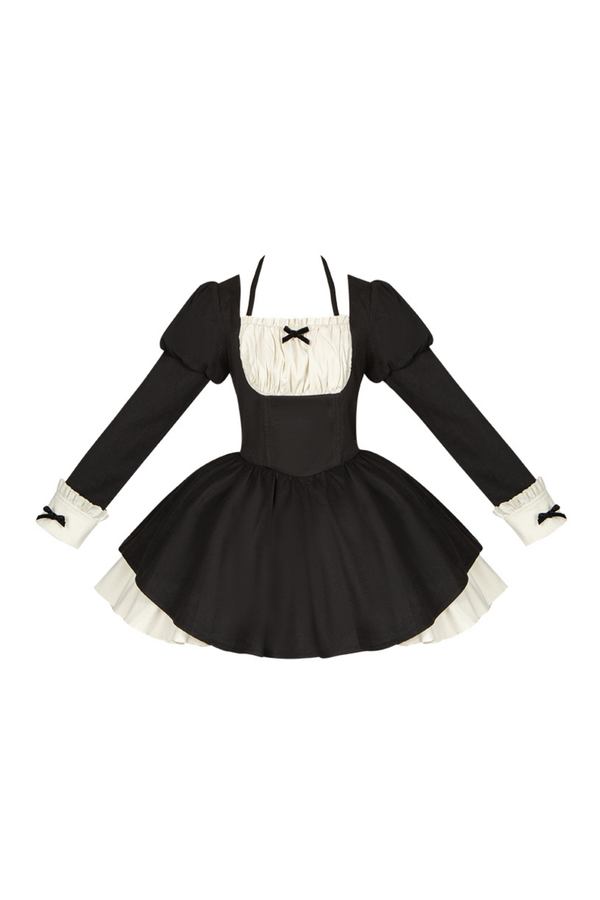 Twin Ruffle Maid Lolita Dress + Apron + Choker + Headband + Ribbon + Leg Covers