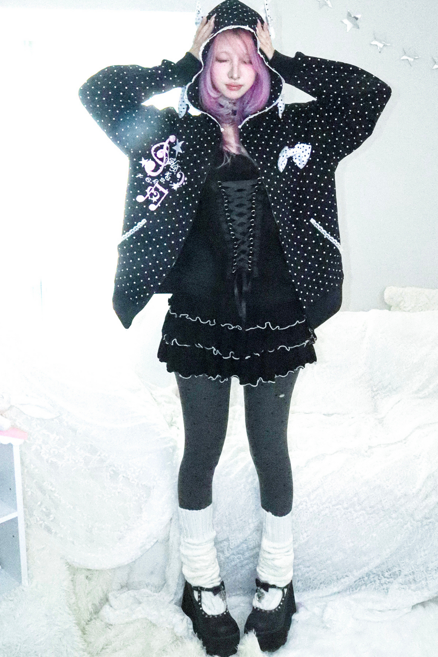 Y2Kガールドットバニーフードパーカー